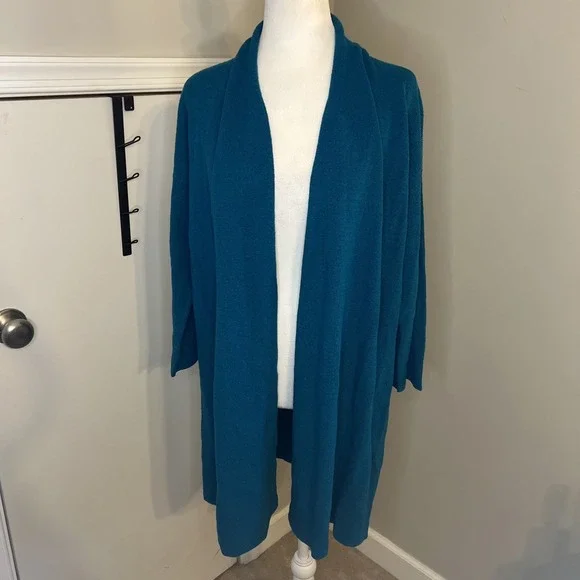 Eileen Fisher Teal Blue Linen Blend Open Front Longline Cardigan Sweater Medium - Picture 1 of 8